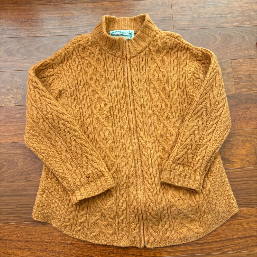 Aran Crafts Ireland Women XL Merino Wool Zip Cardigan Sweater Orange Cable Knit